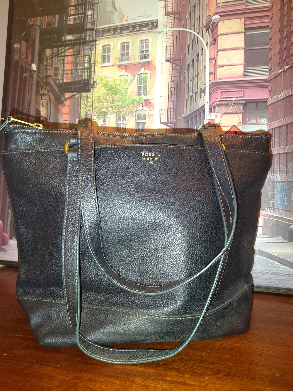 Fossil Black Pebbled Leather Tote with Gold Hardware